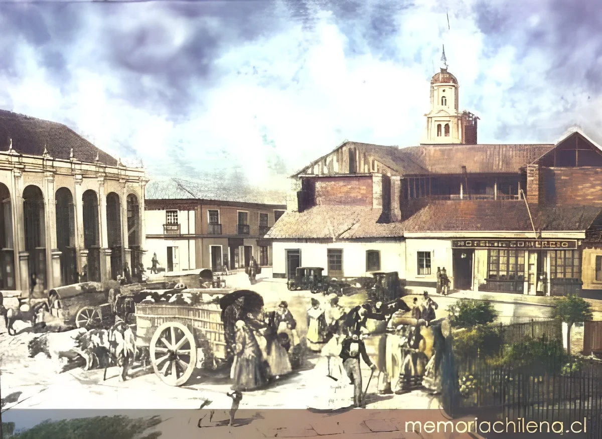 Plaza de Armas de Santiago con carruajes y multitud, 1850 — 1850 | Chile de Ayer