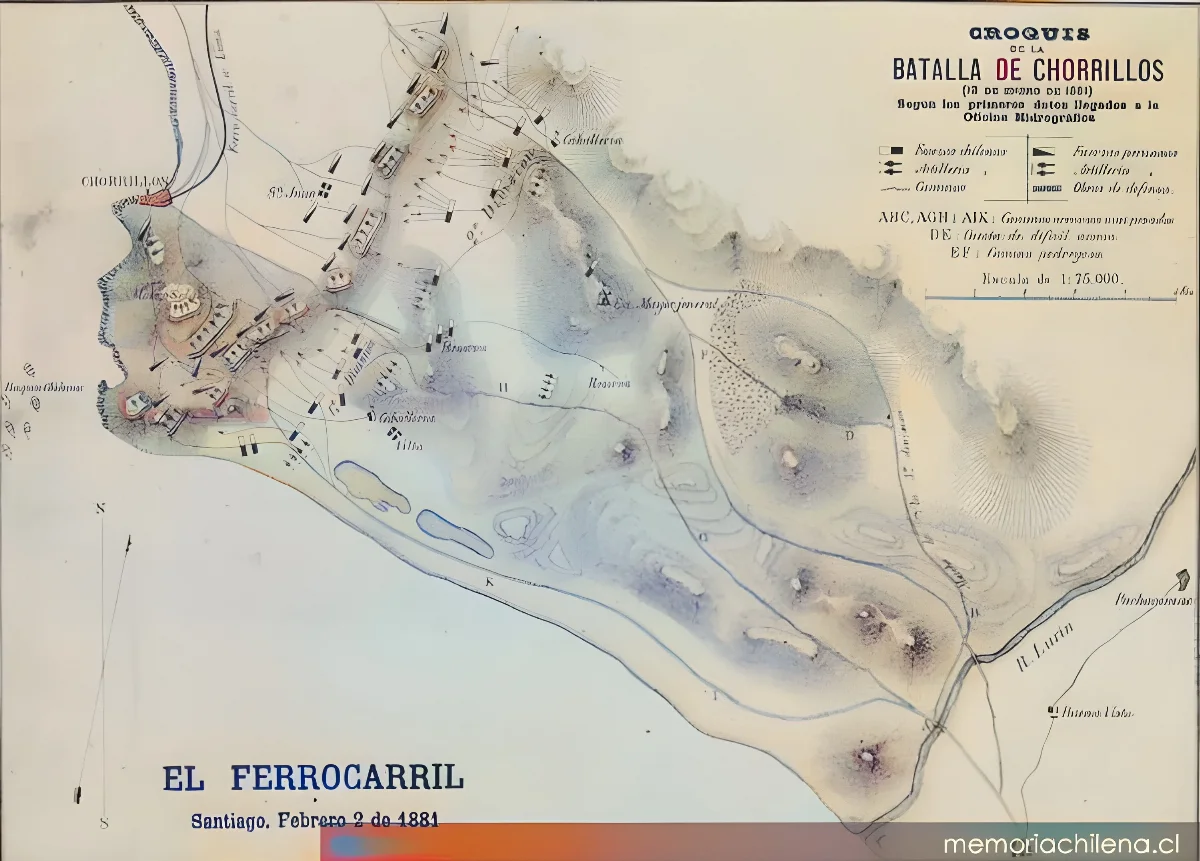 Croquis de la Batalla de Chorrillos, 13 de enero de 1881 : según los primeros datos llegados a la oficina hidrográfica — 1881 | Chile de Ayer