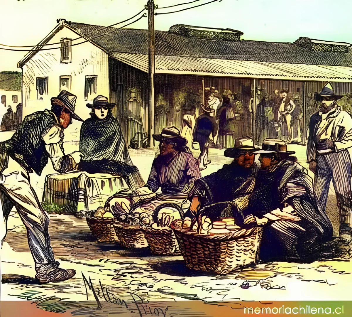 Vendedores de queques y frutas en las afueras de una pulpería, hacia 1890 — 1889 | Chile de Ayer