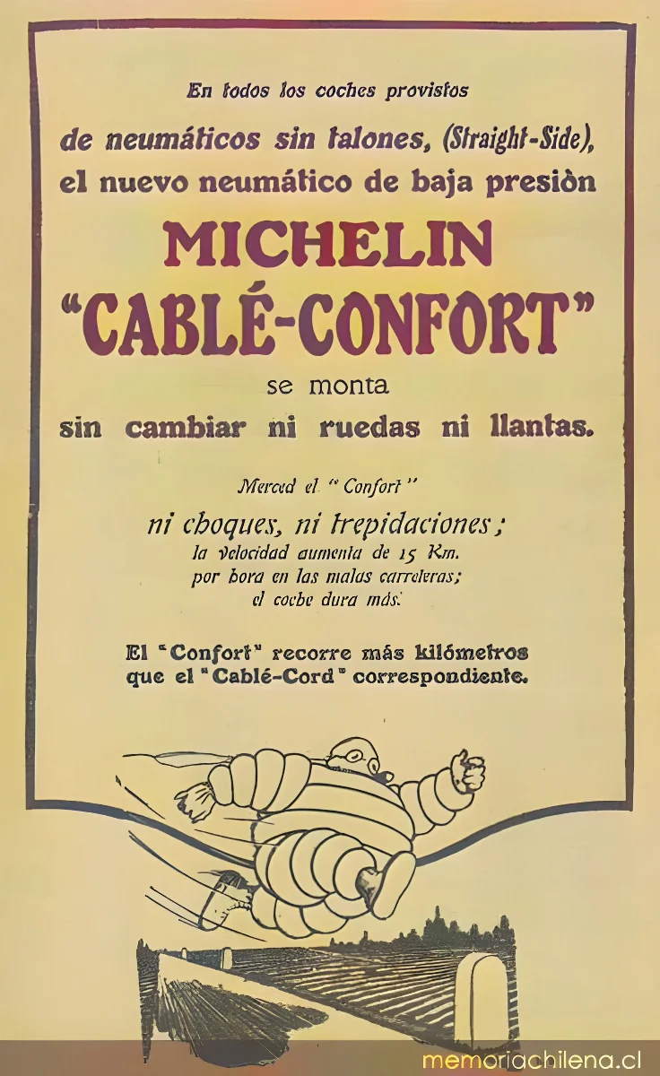 Michelin: cablé-confort, se monta sin cambiar ni ruedas ni llantas — 1925 | Chile de Ayer