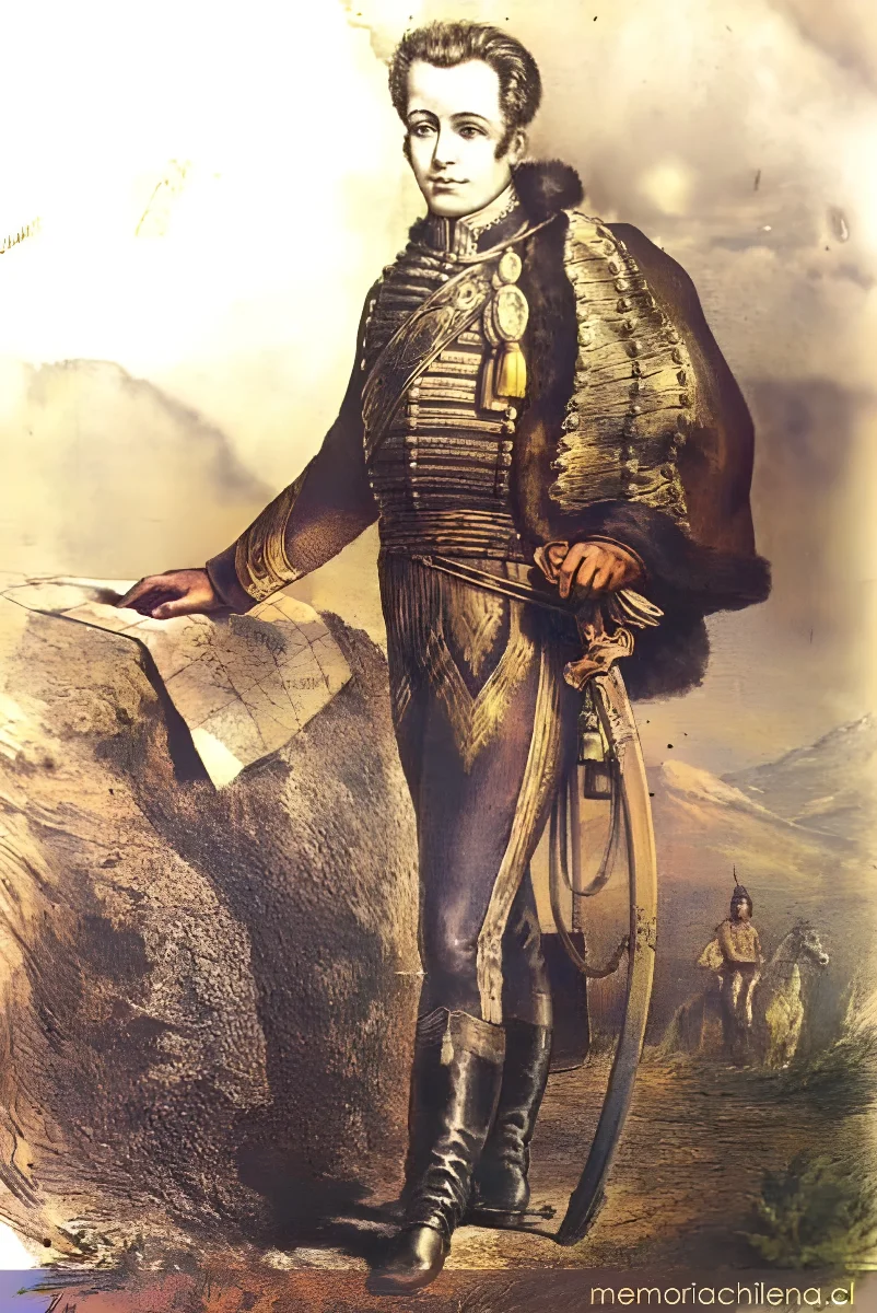 José Miguel Carrera con mapa y uniforme militar — 1785 | Chile de Ayer