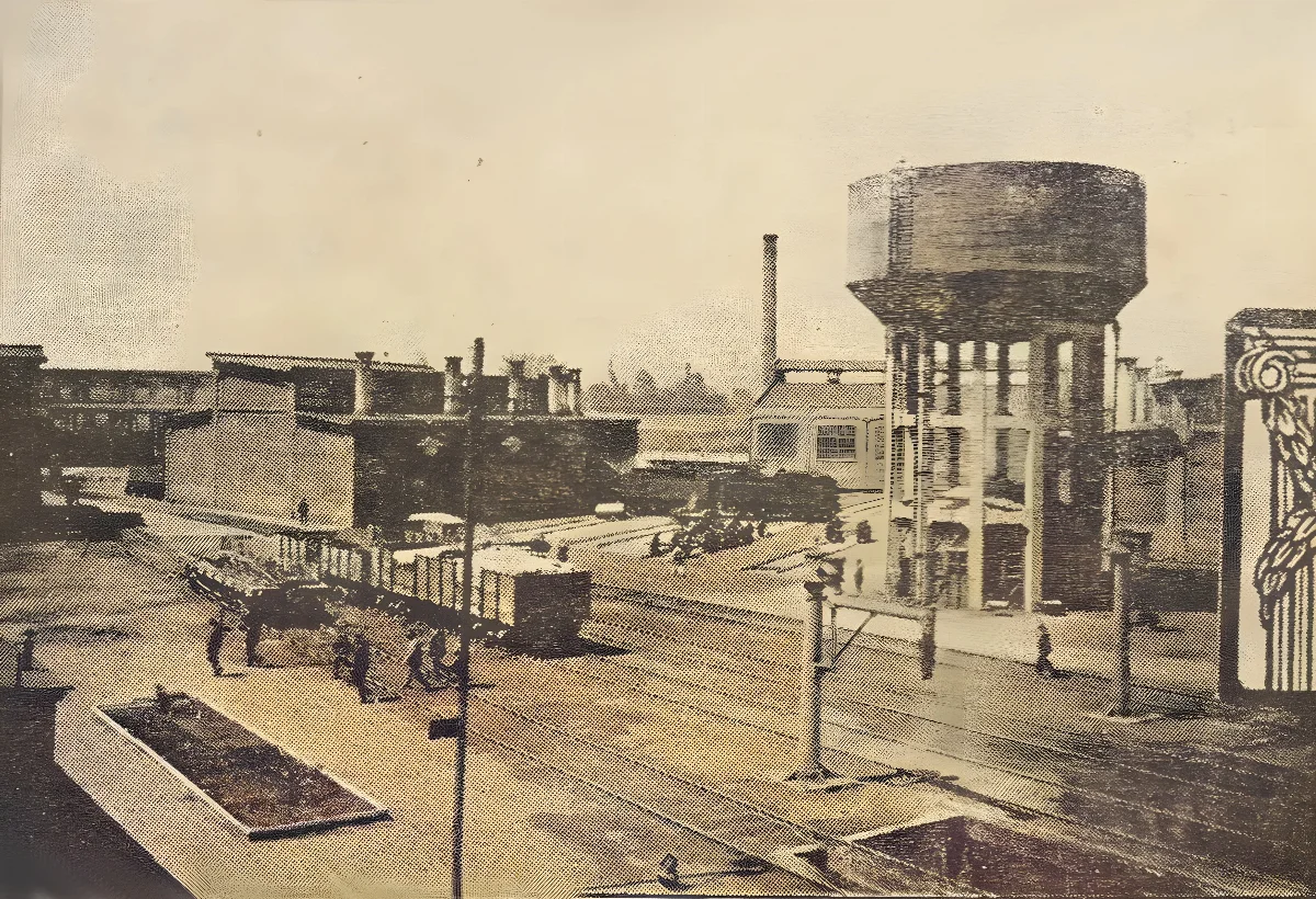 Casa de Máquinas de San Eugenio, patio de aprovisionamiento, circa 1929 — aprox. 1929 | Chile de Ayer