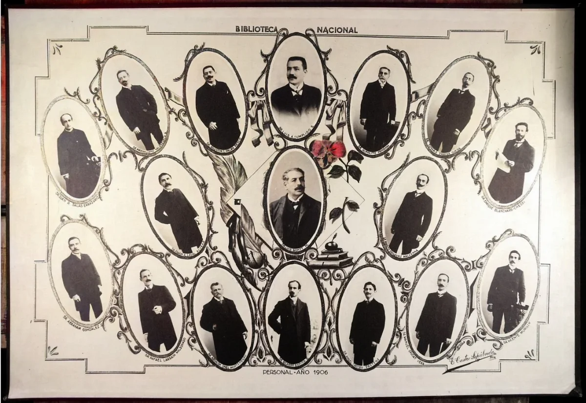Retratos del personal de la Biblioteca Nacional de Chile en 1906 — 1906 | Chile de Ayer