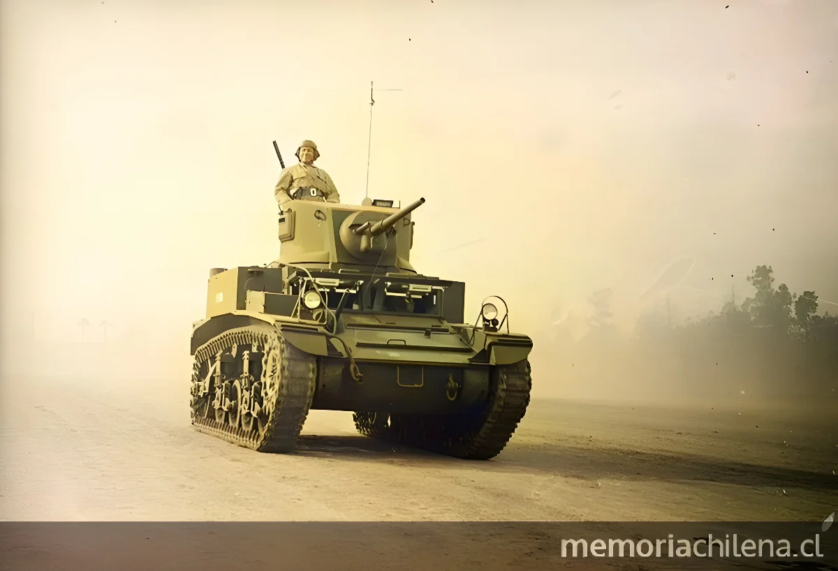 Un tanque cruza la elipse del parque Cousiño, durante preparatoria de la parada militar, 1946 — 1946 | Chile de Ayer