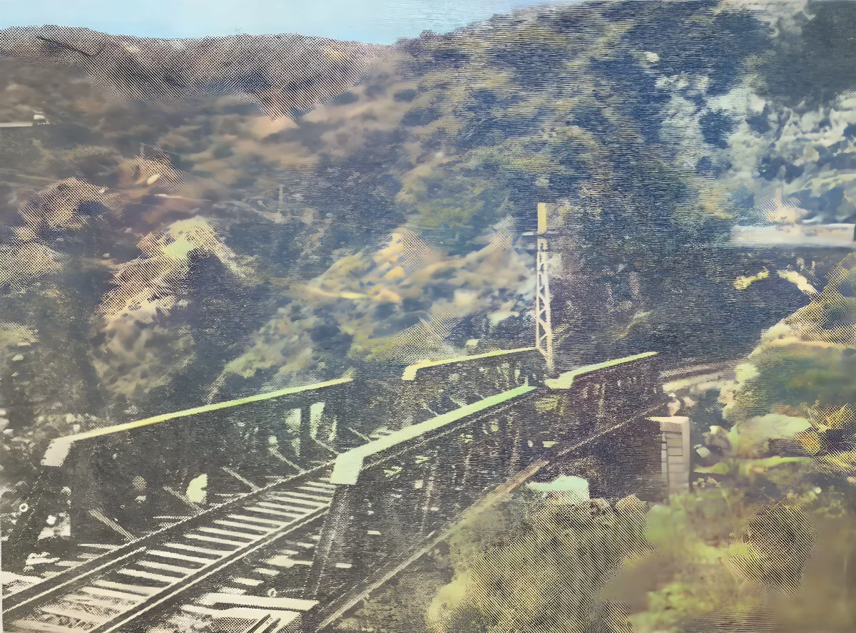 Viaducto ferroviario sobre terreno montañoso boscoso — aprox. 1929 | Chile de Ayer
