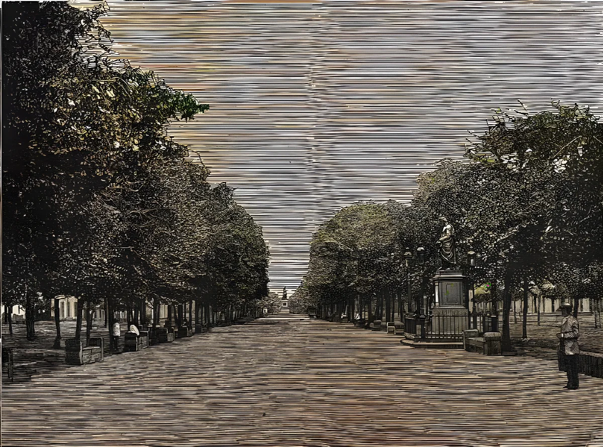 Vista de la Alameda de Santiago, circa 1879. Panorámica del principal paseo de la capital. — Alameda de las Delicias — aprox. 1879 | Chile de Ayer