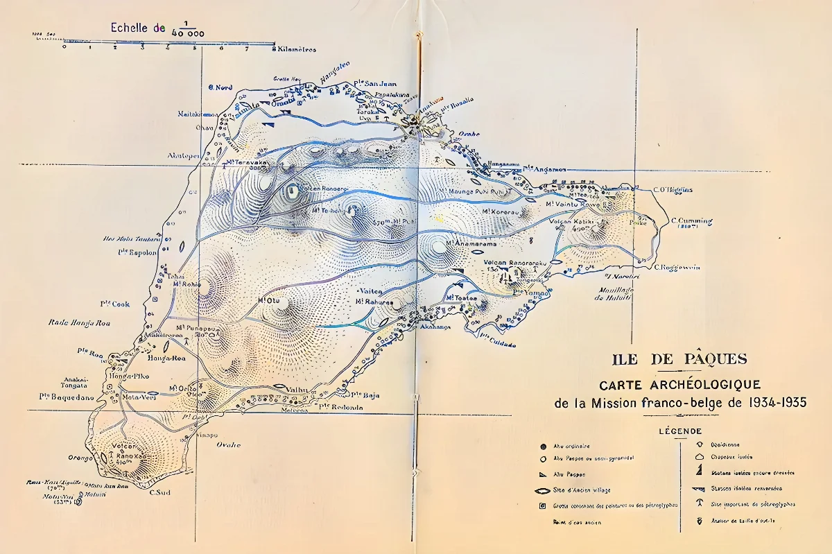 Mapa arqueológico de Isla de Pascua de la misión franco-belga de 1934-1935 — aprox. 1935 | Chile de Ayer