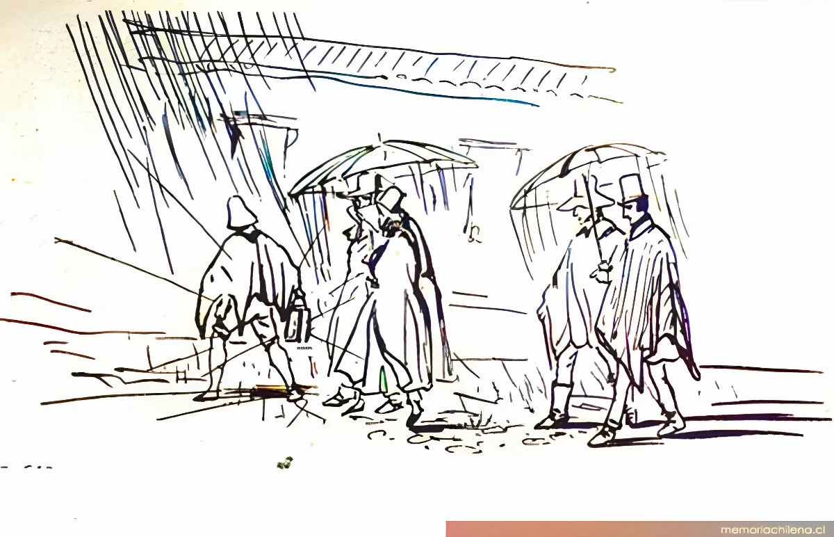 Transeúntes talquinos en una noche de lluvia, 1838 — 1838 | Chile de Ayer