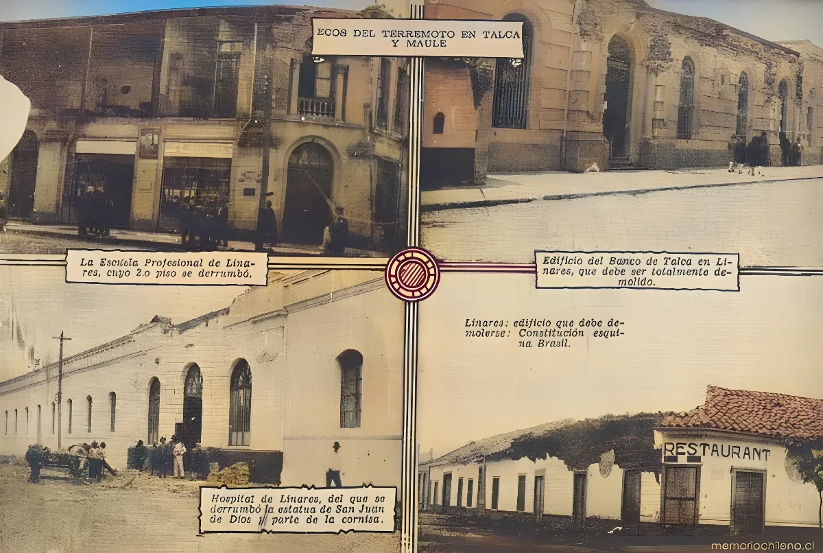 Ecos del terremoto en Talca y Maule: la escuela profesional, hospital y edificio del banco en Linares, 1928 — 1928 | Chile de Ayer