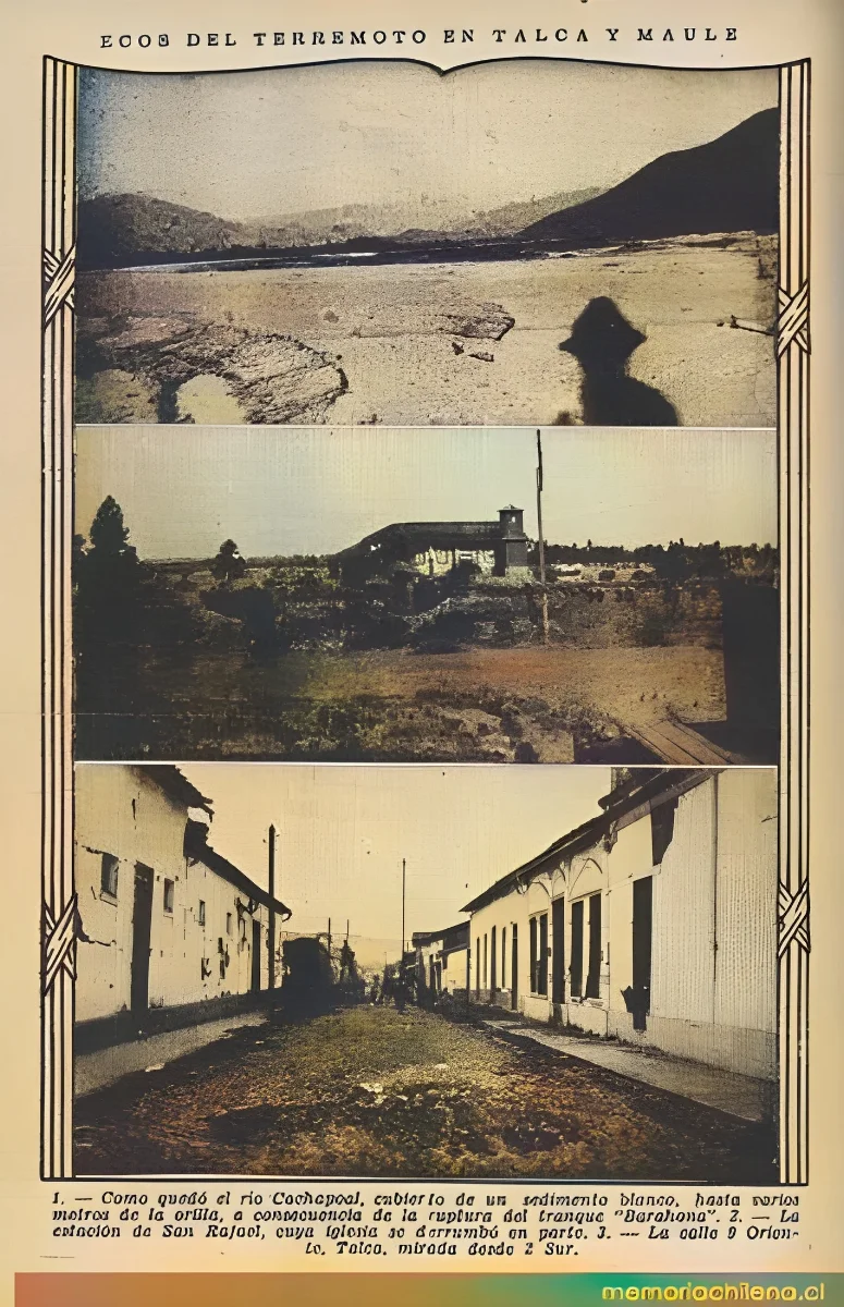 Consecuencias del terremoto de Talca: río Cachapoal, estación de San Rafael, calle 3 Oriente, 1928 — 1928 | Chile de Ayer
