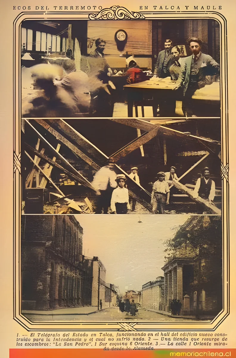 Consecuencias del terremoto de Talca: hall del edificio el telégrafo del estado, tienda " — 1928 | Chile de Ayer