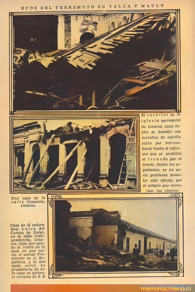 Consecuencias del terremoto de Talca: Iglesia Parroquial de Linares, casa de la señora Ana Luisa del Campo de Rojas, en calle Independencia en Linares, 1928 — 1928 | Chile de Ayer