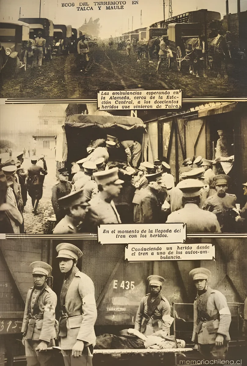 Consecuencias del terremoto de Talca: heridos y ambulancias esperando en la Alameda, 1 de diciembre de 1928 — 1928 | Chile de Ayer