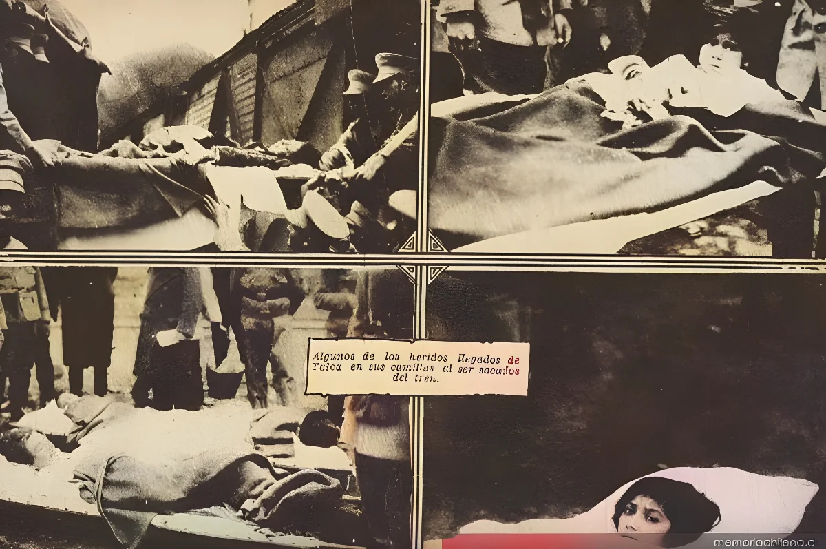 Consecuencias del terremoto de Talca: algunos de los heridos llegados de Talca en sus camillas al ser sacados del tren, 1 de diciembre de 1928 — 1928 | Chile de Ayer
