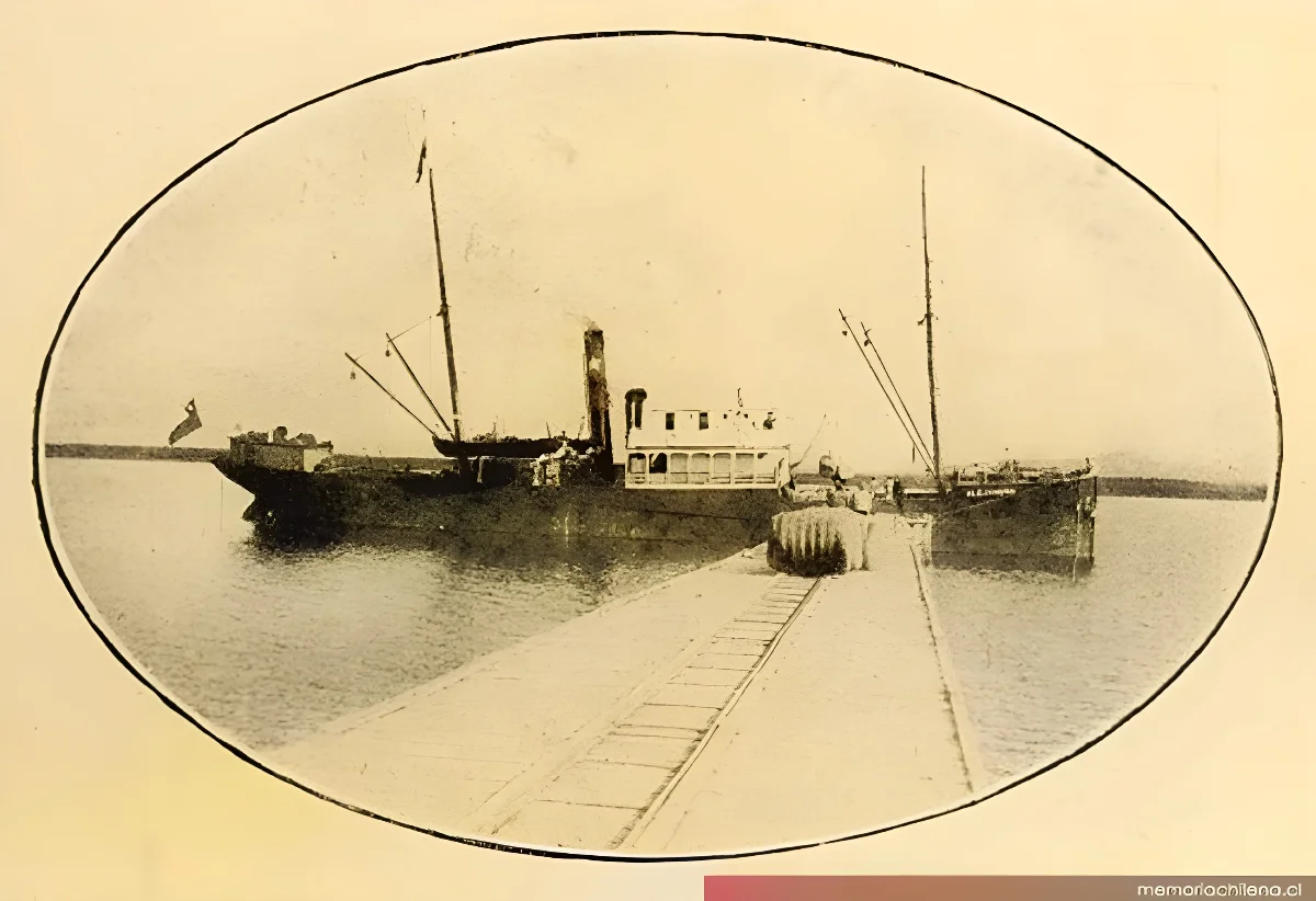 Vapor cargando lana en el muelle del frigorífico de Puerto Bories, 1920 — 1920 | Chile de Ayer
