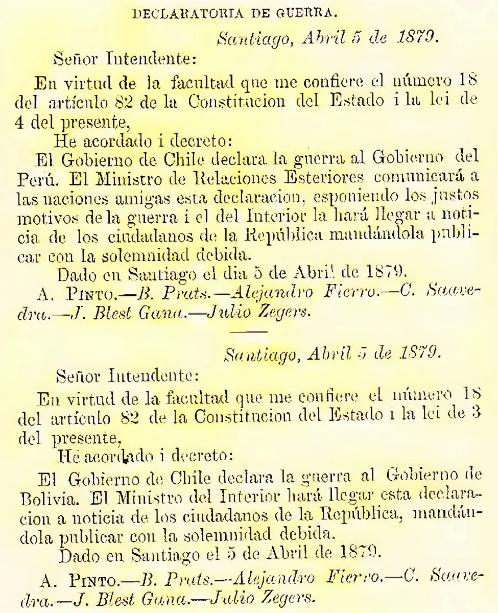 Declaración de guerra de Chile a Perú y Bolivia — aprox. 1879–1930 | Chile de Ayer