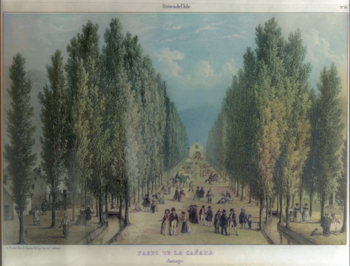 Paseo de la Cañada, Santiago — litografía de Lehnert sobre dibujo de M. Guy (Historia de Chile) — aprox. 1870–1930 | Chile de Ayer