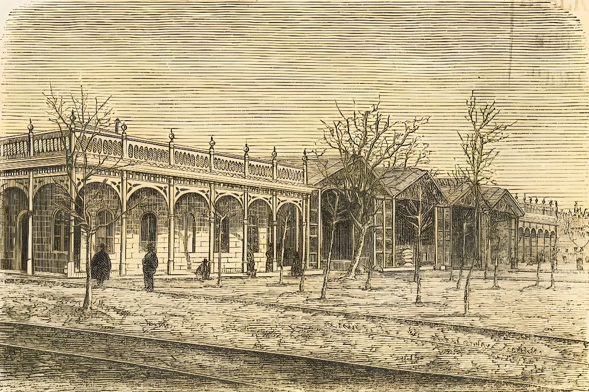 Santiago - Vista exterior de la estación de ferrocarriles (1872) — 1872 | Chile de Ayer