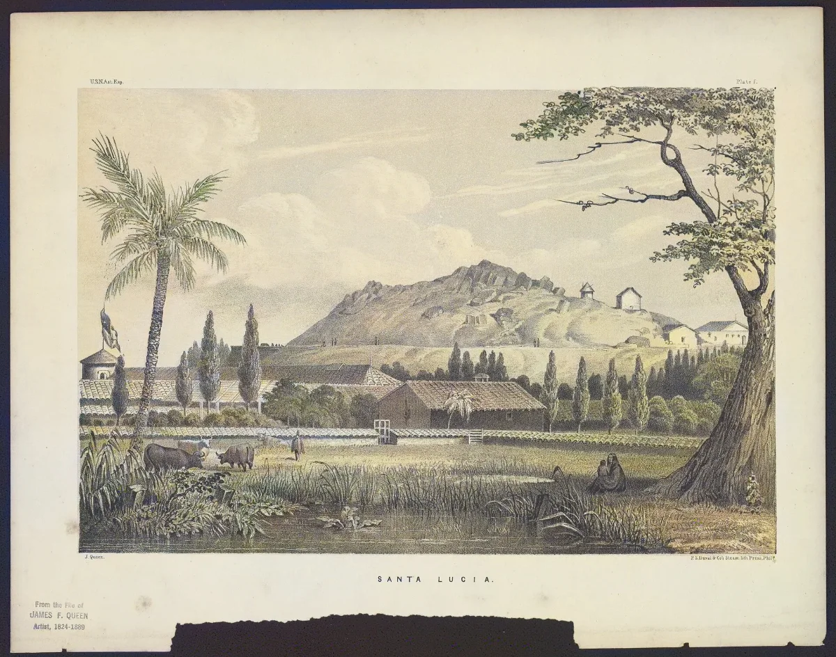 Cerro Santa Lucía con vegetación tropical y río en primer plano — aprox. 1855–1930 | Chile de Ayer