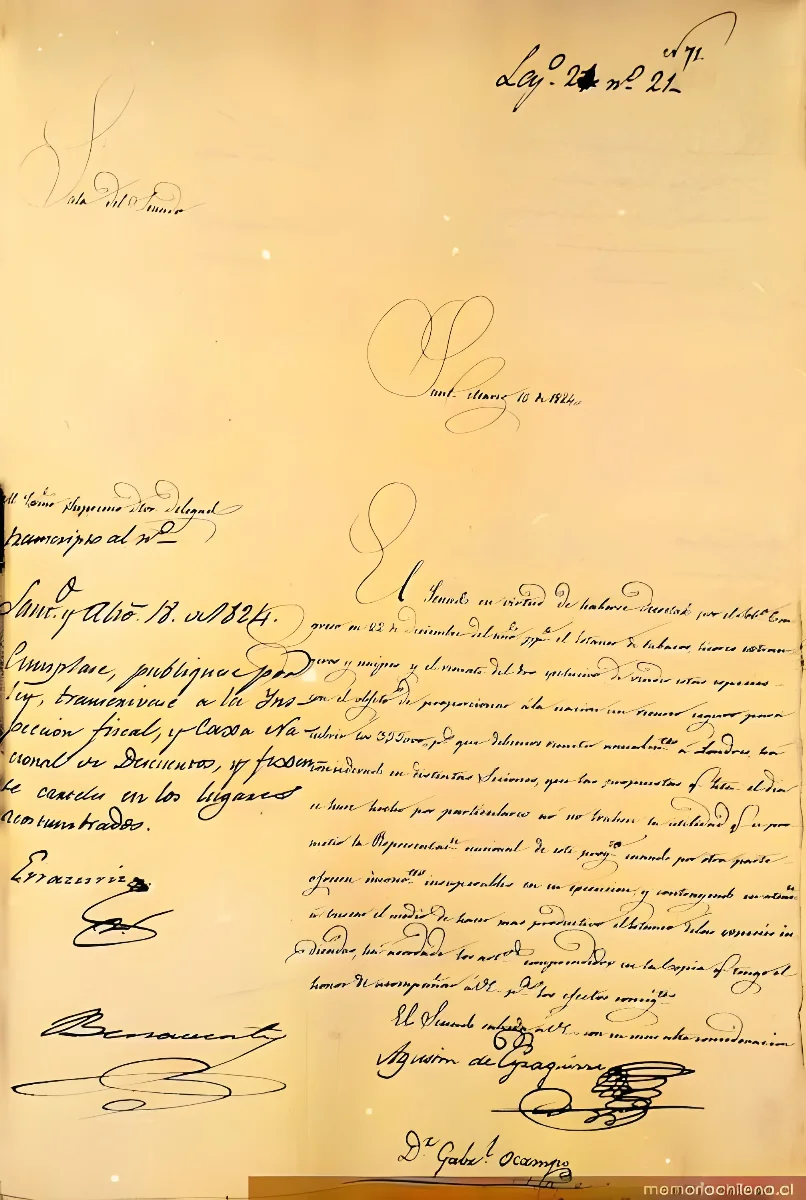 Decreto de aprobación del contrato de estanco a la compañía Portales y Cea, 1824 — 1824 | Chile de Ayer