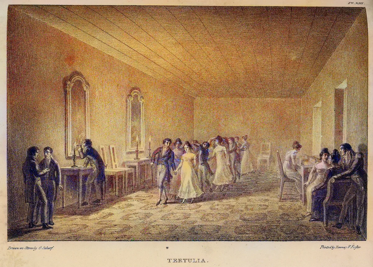 Tertulia con figuras en movimiento y columnas clásicas — aprox. 1824–1930 | Chile de Ayer