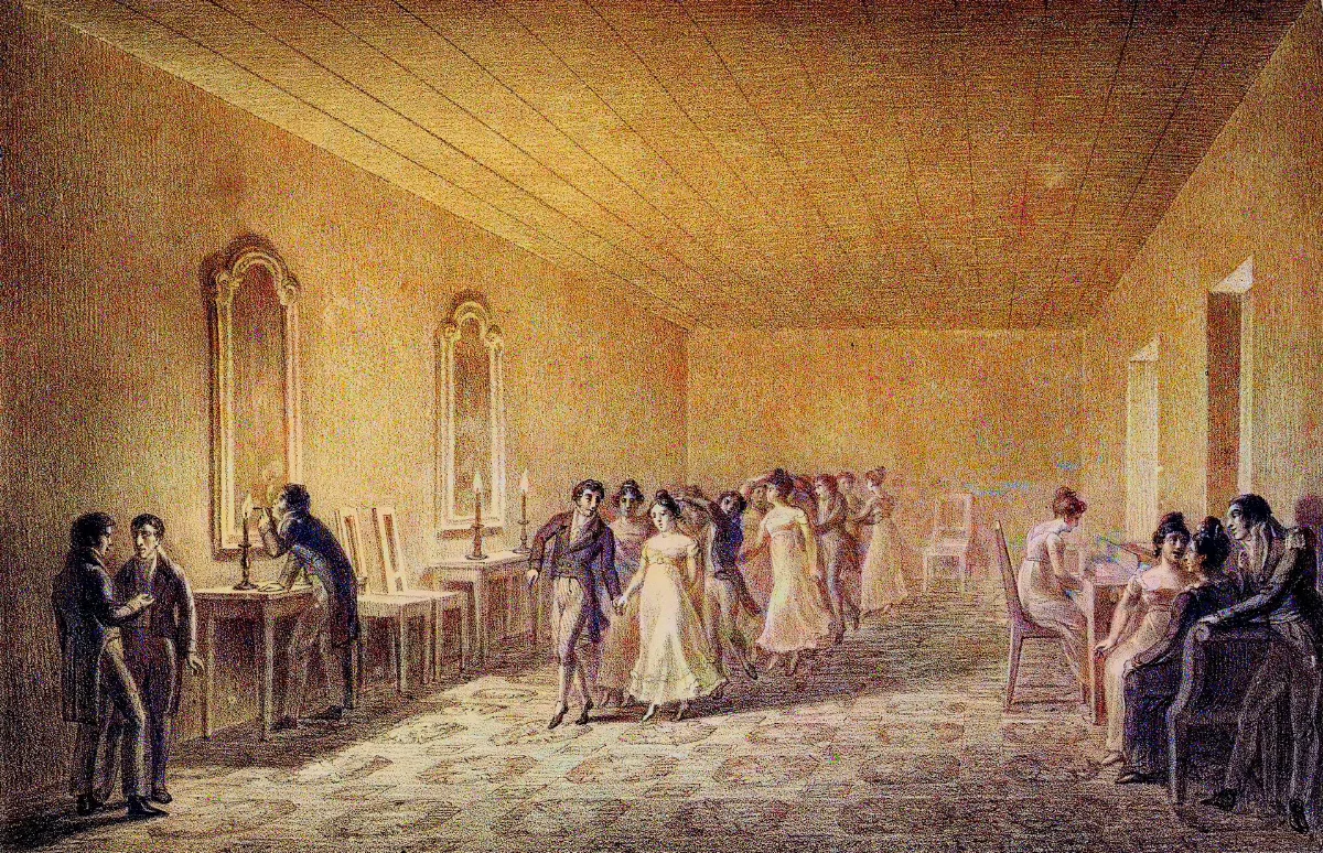 Tertulia en casa santiaguina con ventanales altos — aprox. 1824–1930 | Chile de Ayer