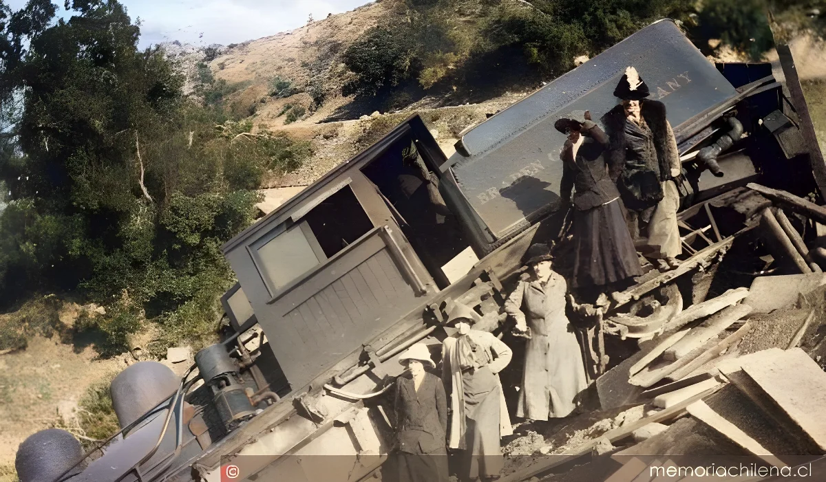 Ferrocarril descarrilado en Sewell, 1919 — 1919 | Chile de Ayer
