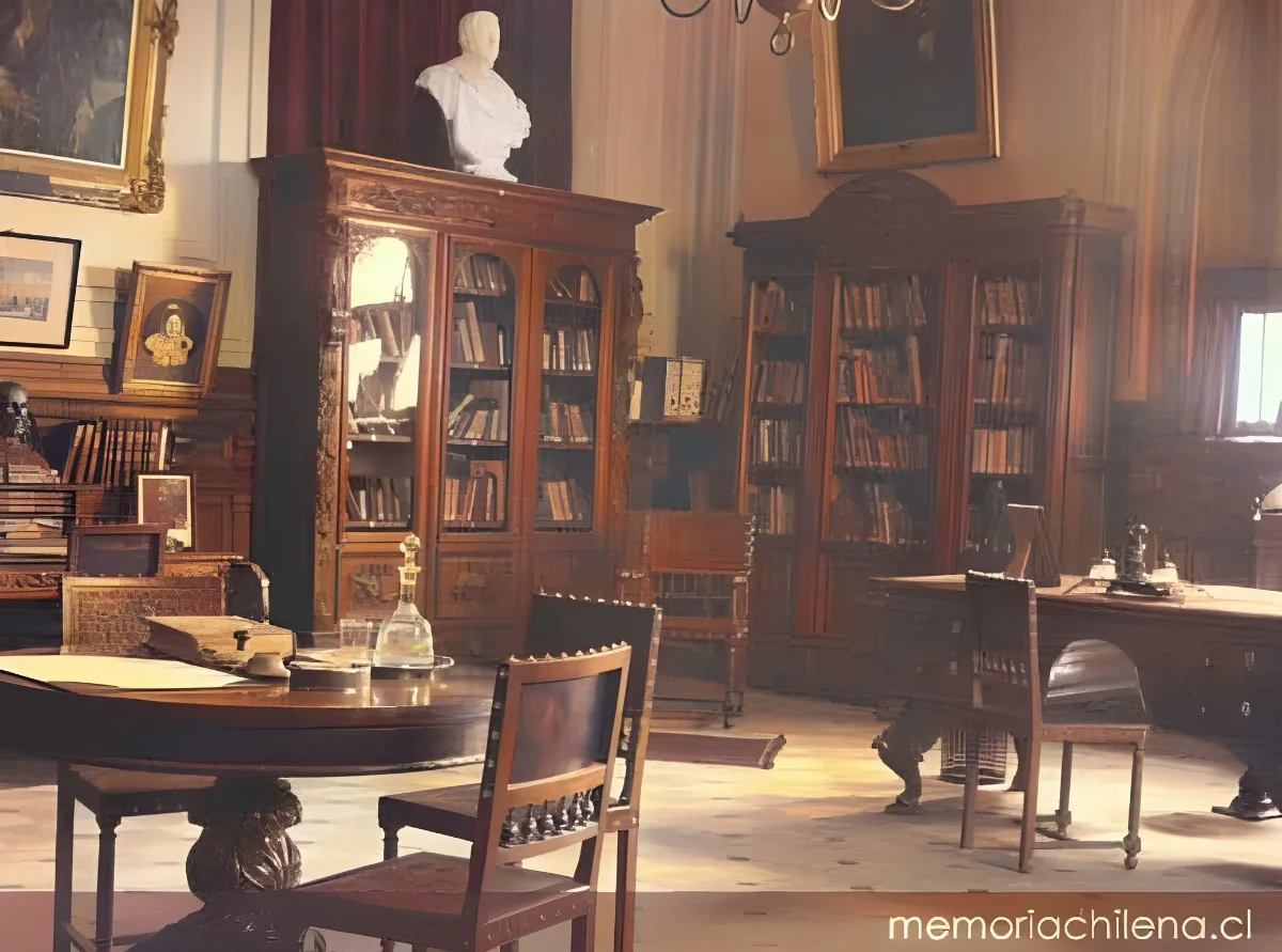Sala del Conservador con escritorio y estanterías, Sala Medina circa 1930 — 1930 | Chile de Ayer