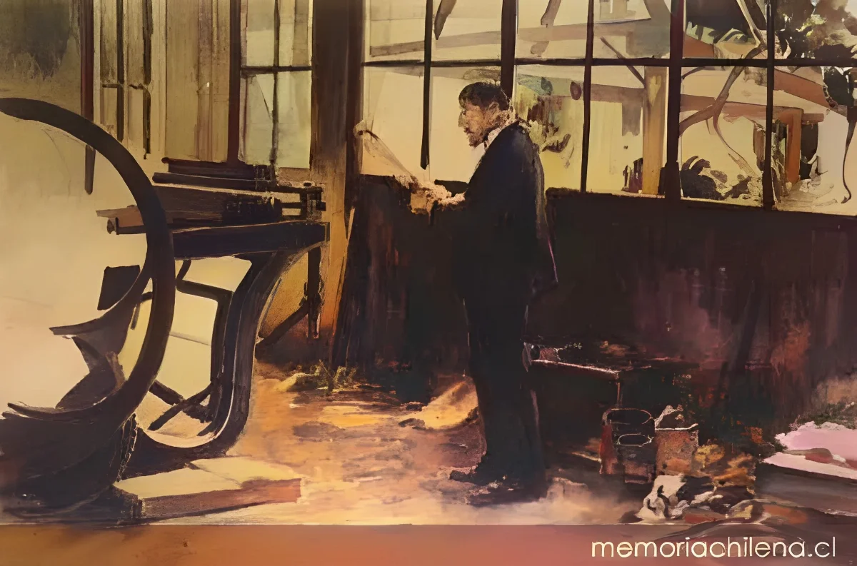 José Toribio Medina junto a su imprenta, 1925 — 1925 | Chile de Ayer