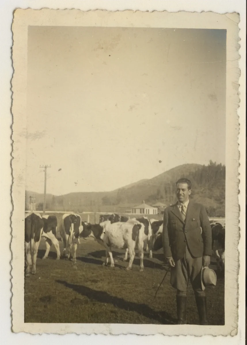 Hombre en criadero de animales de la Hacienda San Vicente — Calle Larga — 1942 | Chile de Ayer
