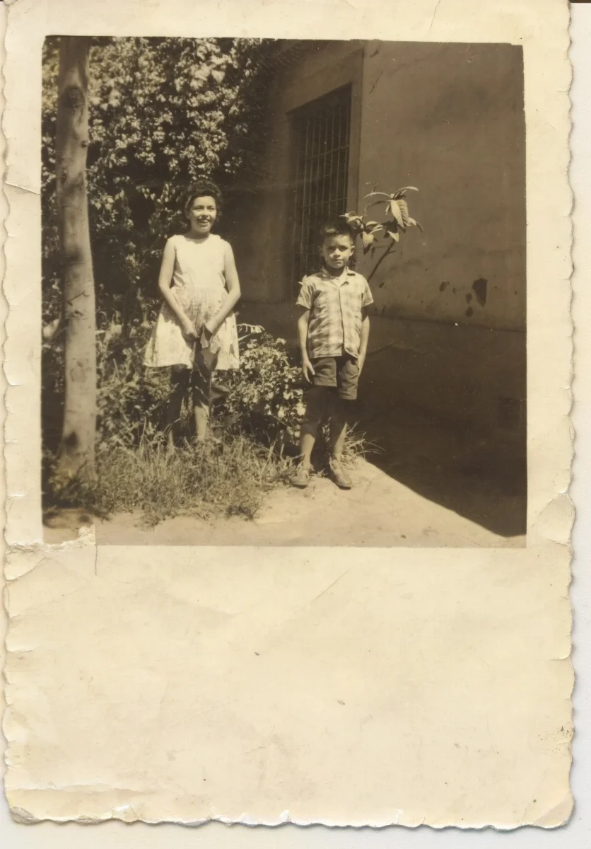 Niños con rama florada en patio de Pocuro — Pocuro — 1967 | Chile de Ayer