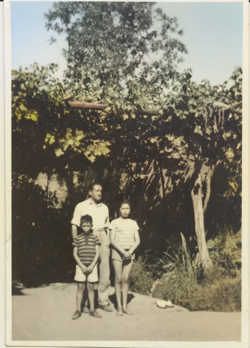 Padre junto a sus hijos bajo el parrón — Pocuro — 1966 | Chile de Ayer