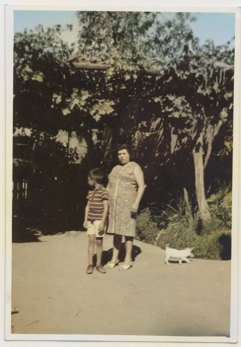 Madre junto a su hijo bajo el parrón — Pocuro — 1966 | Chile de Ayer