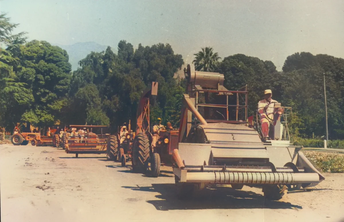 Desfile de cosechadoras y tractores en Calle Larga, ceremonia IAPB — Calle Larga — 1954 | Chile de Ayer