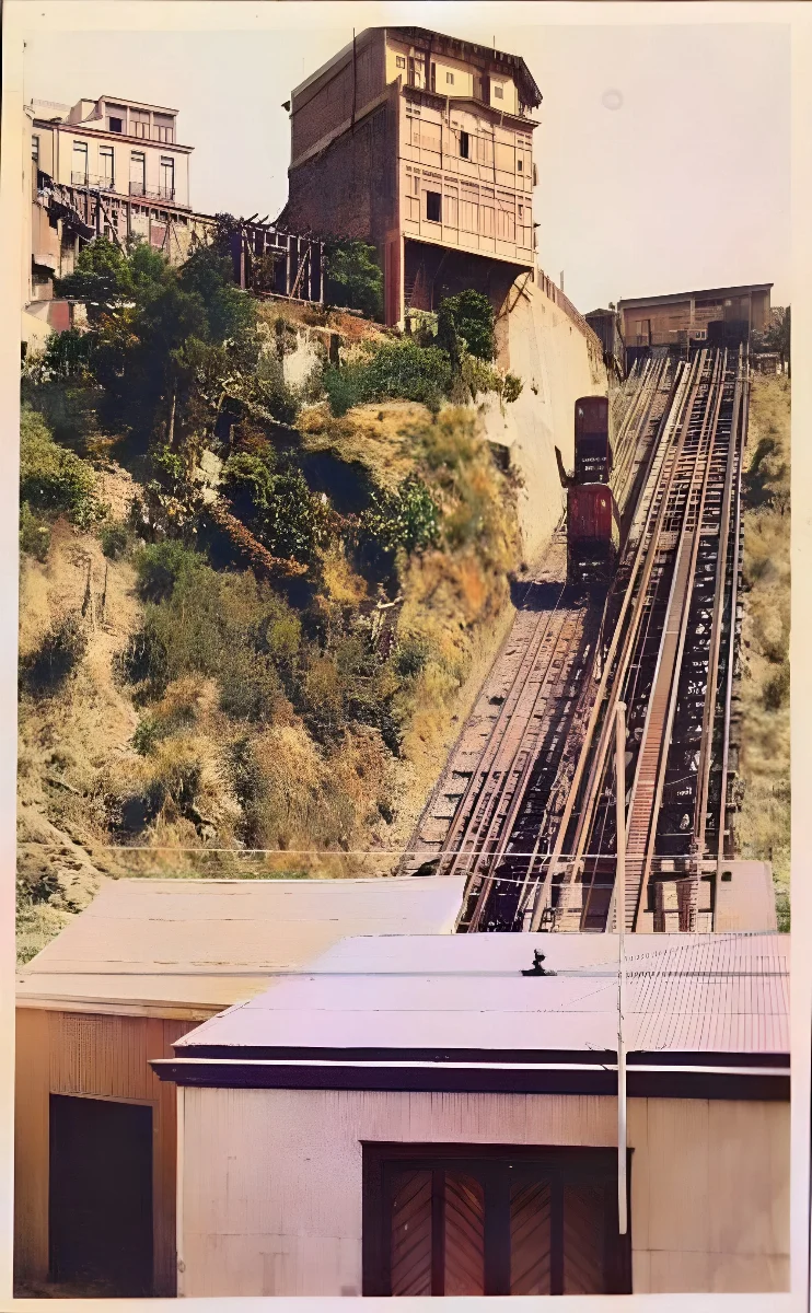 Ascensor Artillería con cuatro carros, los de la derecha funcionan hoy. — aprox. 1890–1930 | Chile de Ayer