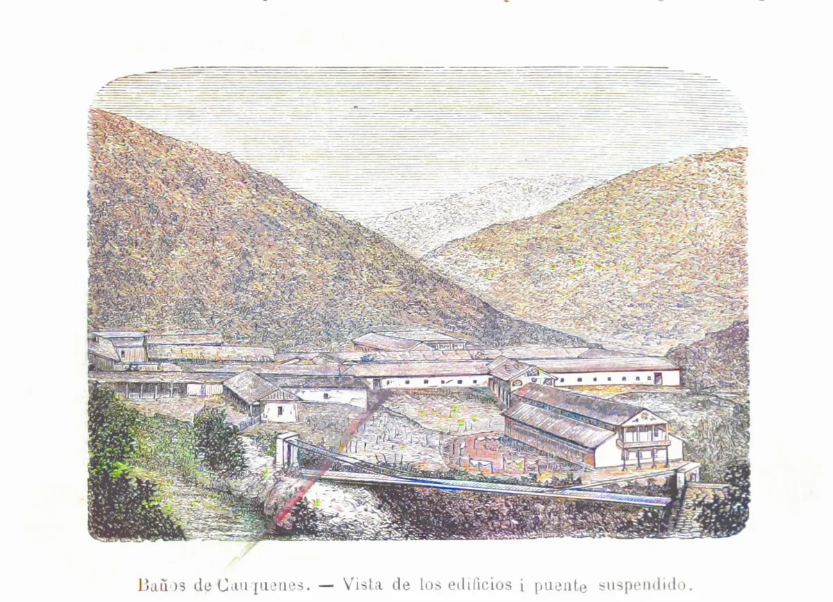 Baños de Cauquenes - Vista de los edificios y puente suspendido — 1872 | Chile de Ayer