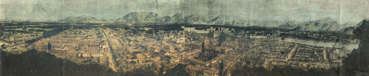 Vista panorámica de Santiago en 1860, desde el cerro Santa Lucía hacia el poniente — aprox. 1860 | Chile de Ayer