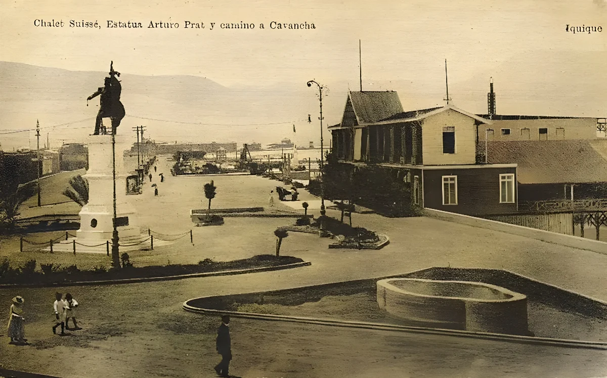 Chalet Suisse, Estatua Arturo Prat y camino a Cavancha  circa 1907 — 1907 | Chile de Ayer