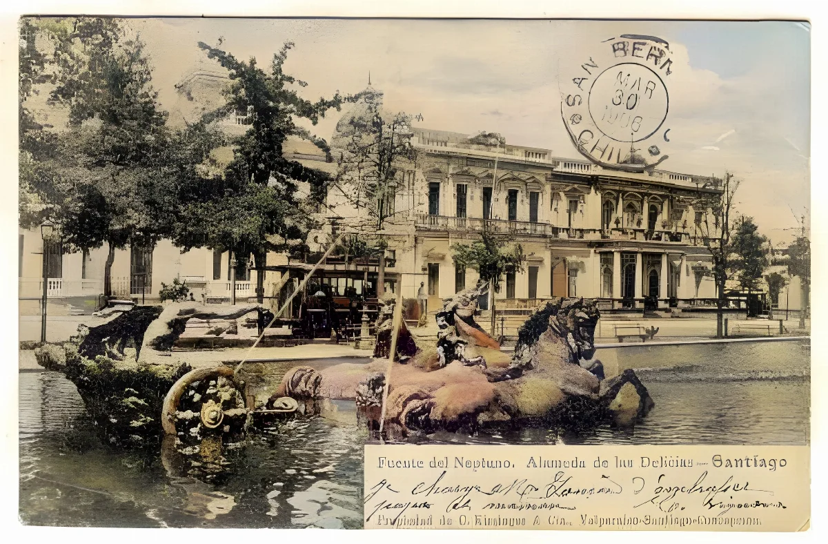 Fuente de Neptuno, ubicada en la Alameda. — 1906 | Chile de Ayer