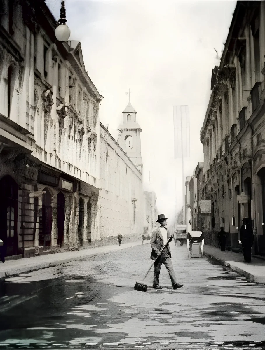 Calle Agustinas y un barrendero, a principios de Siglo XX. — 1900 | Chile de Ayer