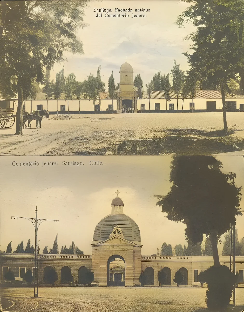 Comparacion entre fachada antigua y actual de Cementerio General — Cementerio General de Santiago — 1890 | Chile de Ayer