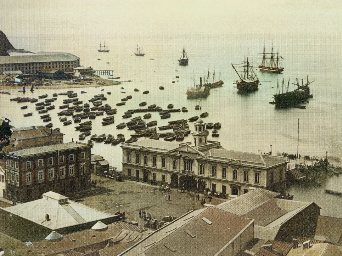 Plazuela de la Bolsa año 1864 — Plaza Sotomayor — 1864 | Chile de Ayer