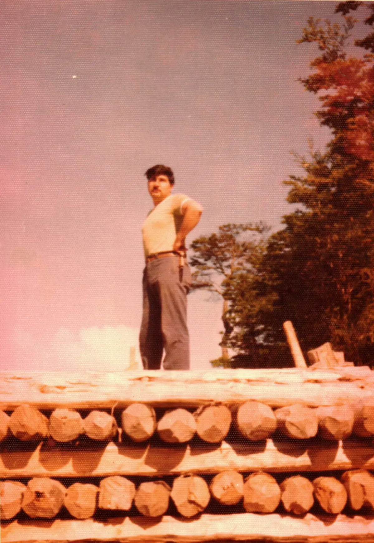 ayuda acopio postes en castillo de madera — Caleta Tortel — 1976 | Chile de Ayer