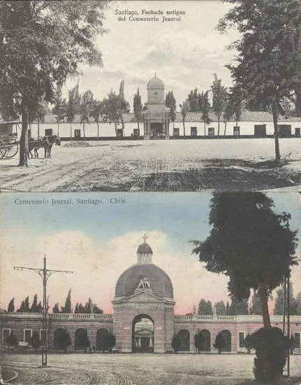 Comparacion entre fachada antigua y actual de Cementerio General — Cementerio General de Santiago — 1890 | Chile de Ayer
