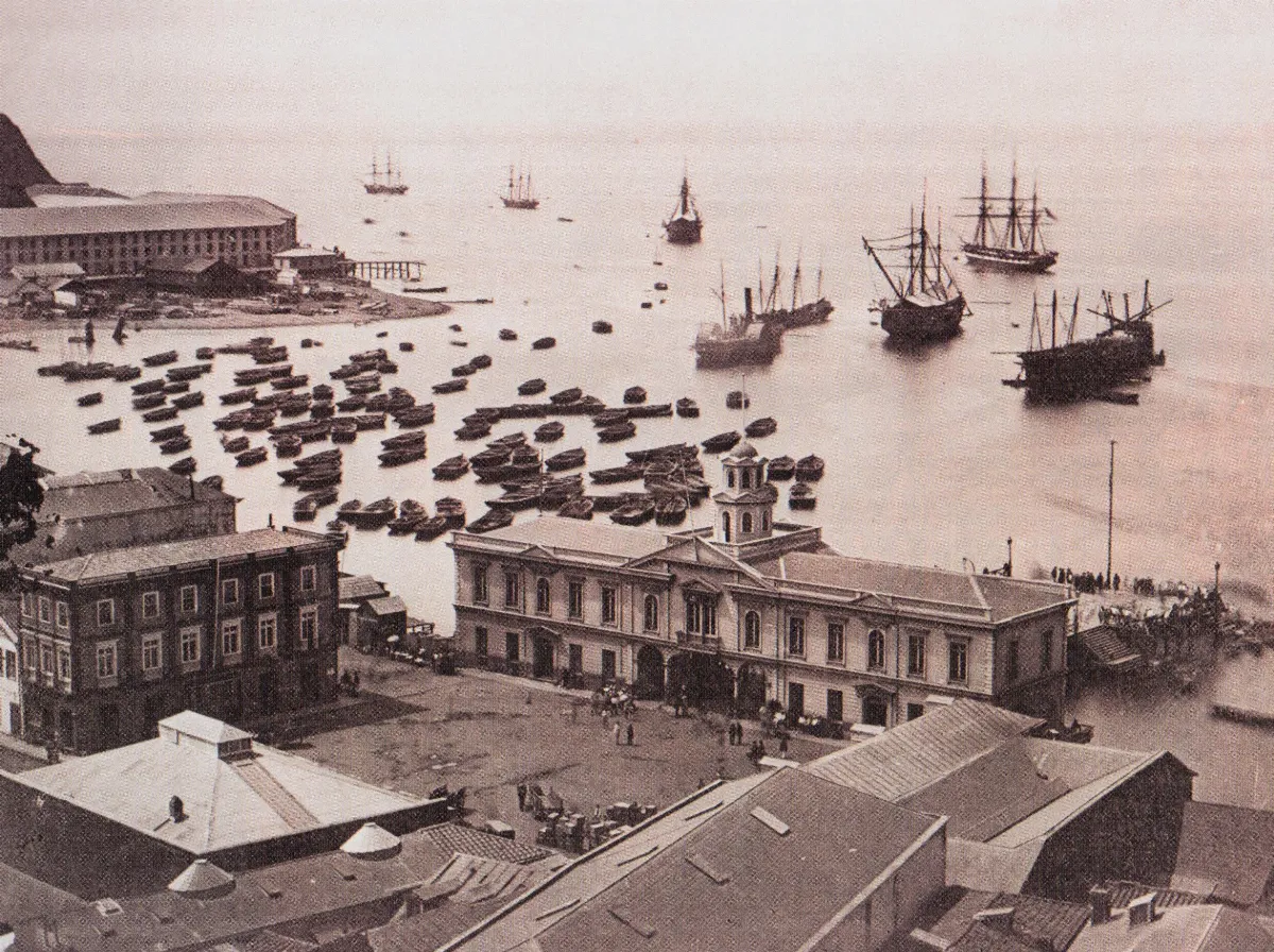 Plazuela de la Bolsa año 1864 — Plaza Sotomayor — 1864 | Chile de Ayer