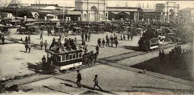 Antiguo diseño de Estación Central, y el tráfico en la Alameda, circa 1885. — 1855 | Chile de Ayer