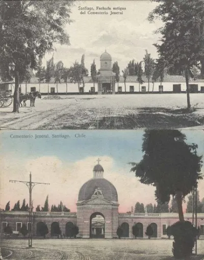 Comparacion entre fachada antigua y actual de Cementerio General — Cementerio General de Santiago — 1890 | Chile de Ayer
