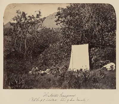 Campamento del artista, con grupo de habitantes de Robinson Crusoe, 1860 — 1860 | Chile de Ayer