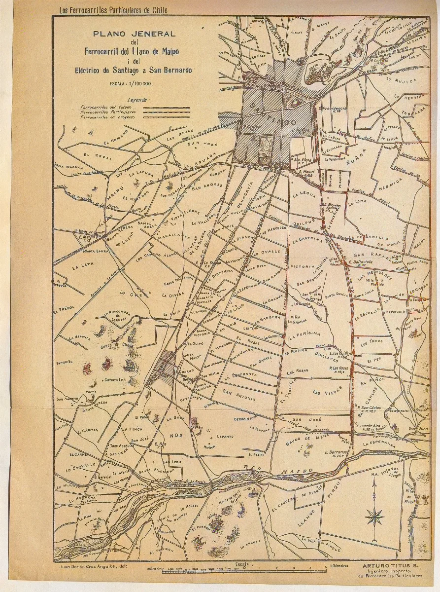 Plano general del Ferrocarril del Llano de Maipo y del Eléctrico de Santiago a San Bernardo — Santiago — 1910 | Chile de Ayer