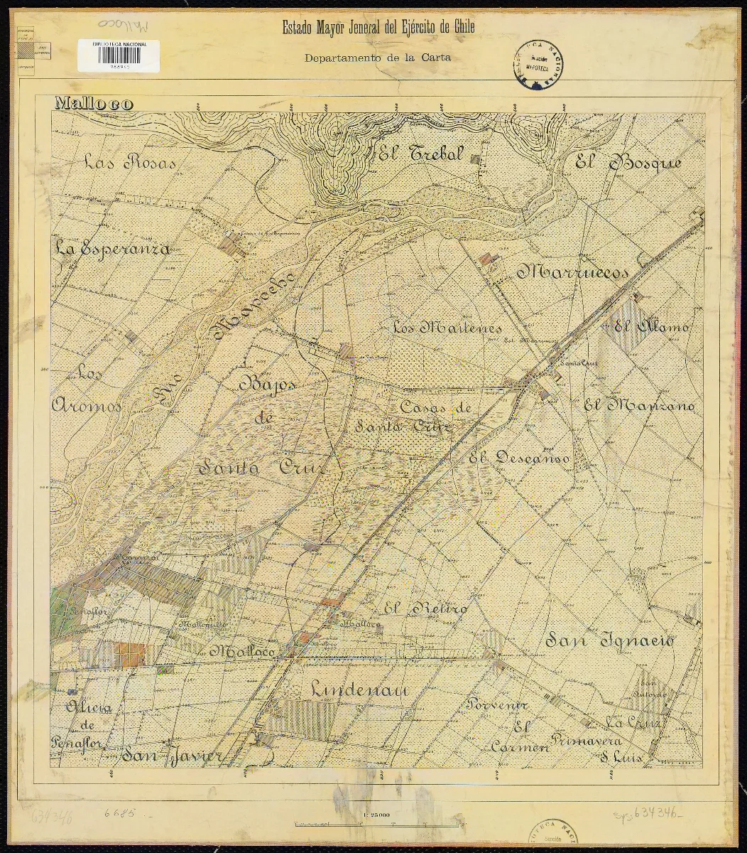 Malloco (material cartográfico) Estado Mayor Jeneral del Ejército de Chile, Departamento de la Carta — Santiago — 1910 | Chile de Ayer